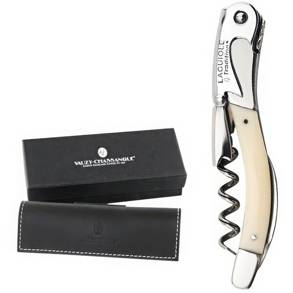 A Laguiole Tradition Ivory Plexi Waiter's Corkscrew in a leather case with a bottle opener.