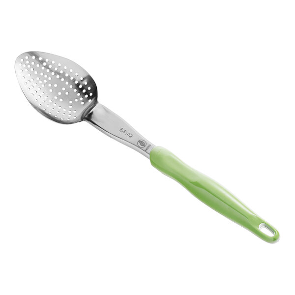 A Vollrath Jacob's Pride heavy-duty perforated basting spoon with a green Ergo grip handle.