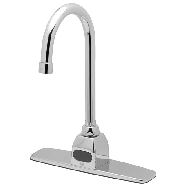 A Zurn chrome deck mount sensor faucet with a gooseneck spout above a counter.