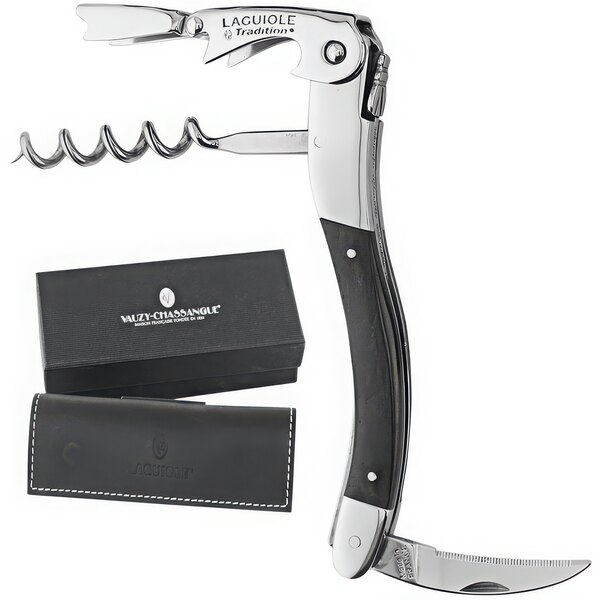 A Laguiole Tradition ebony wood and silver waiter's corkscrew in a black leather case with silver text.