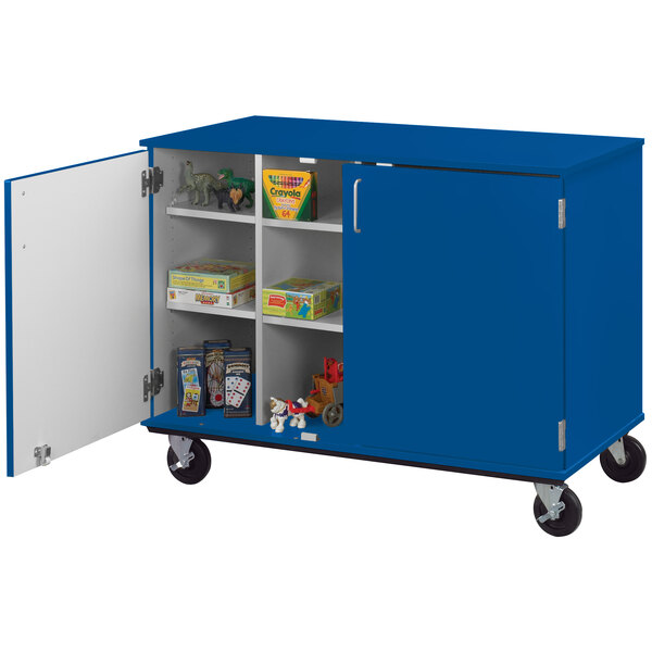 A blue mobile storage cart with shelves and locking doors.