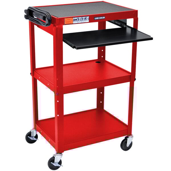 A red Luxor computer cart with a black keyboard shelf.