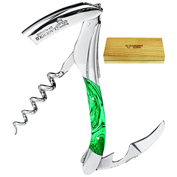 A Laguiole En Aubrac Green Malachite Waiter's Corkscrew with a green handle and silver accents in a wooden box.