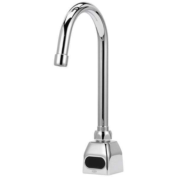 A silver Zurn AquaSense deck mount sensor faucet with a black button.