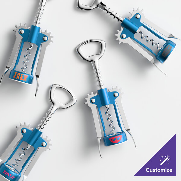 A set of light blue and silver wing corkscrews with customizable branding on the handles.