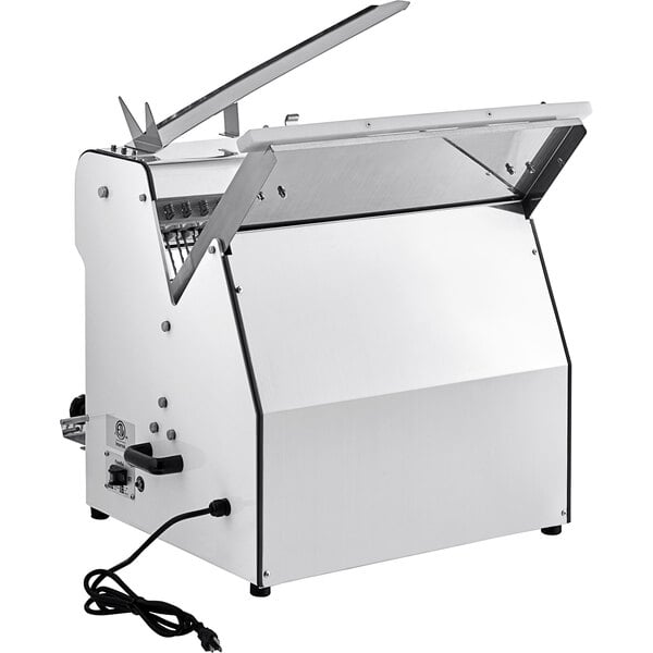 A white Estella countertop bread slicer with a lid open.