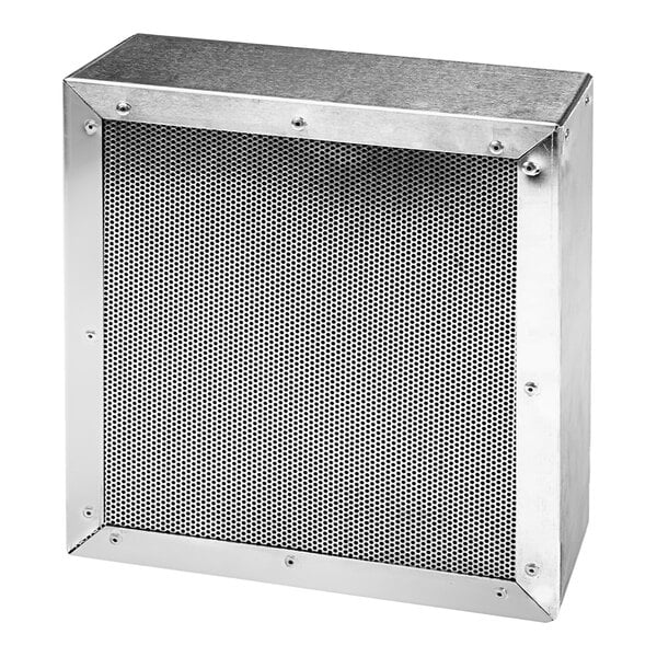 A silver metal square with a mesh grill on top.