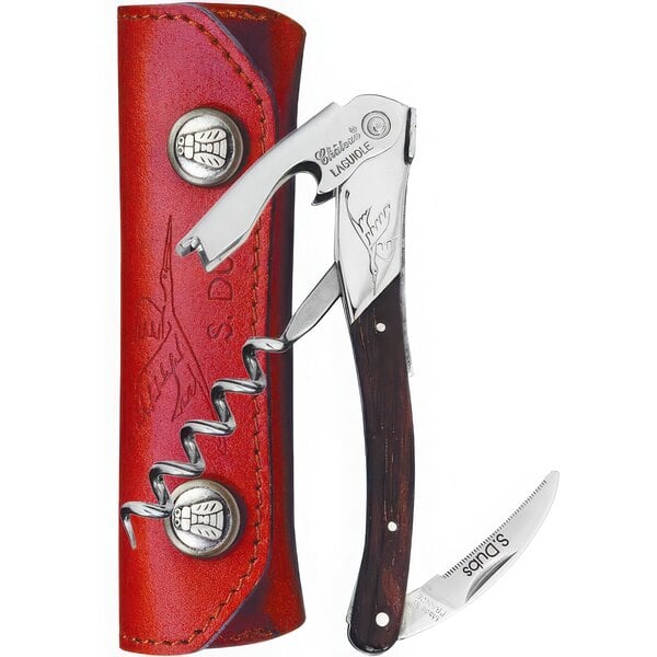 A red leather case with a Chateau Laguiole Serge Dubs Waiter's Corkscrew inside.