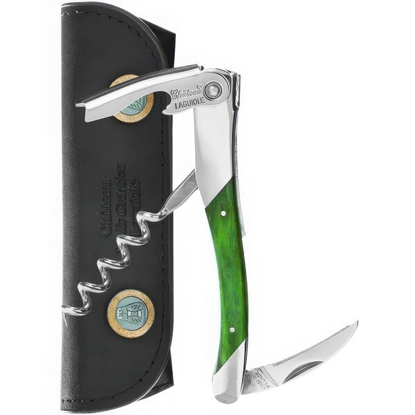 A Chateau Laguiole Grand Cru waiter's corkscrew with a green Stamina wood handle.