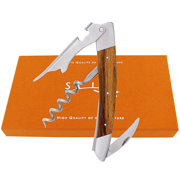 A Franmara La Vigne French waiter's corkscrew with a Cabernet Sauvignon wood handle in a box.
