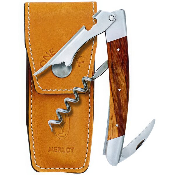 A Franmara La Vigne French waiter's corkscrew with a Merlot wood handle and a leather case.
