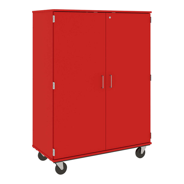 A red I.D. Systems tall storage cart with locking doors on wheels.