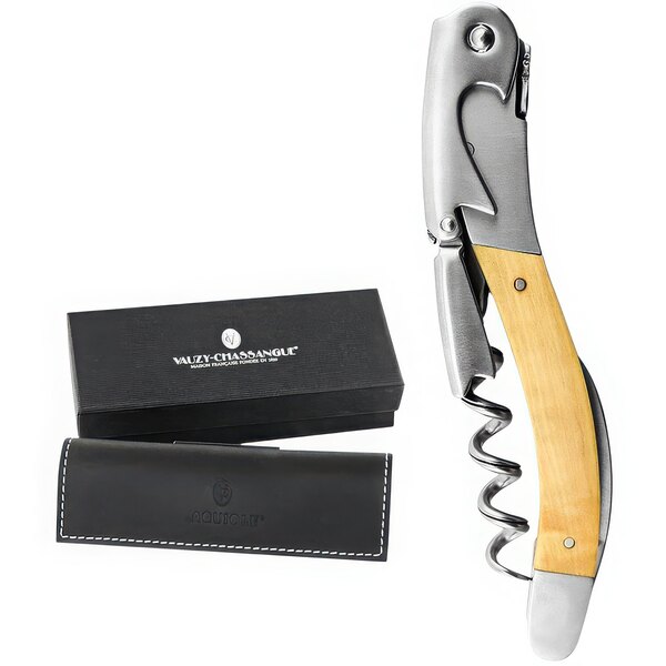 A Laguiole Tradition Box Wood Waiter's Corkscrew in a leather case.