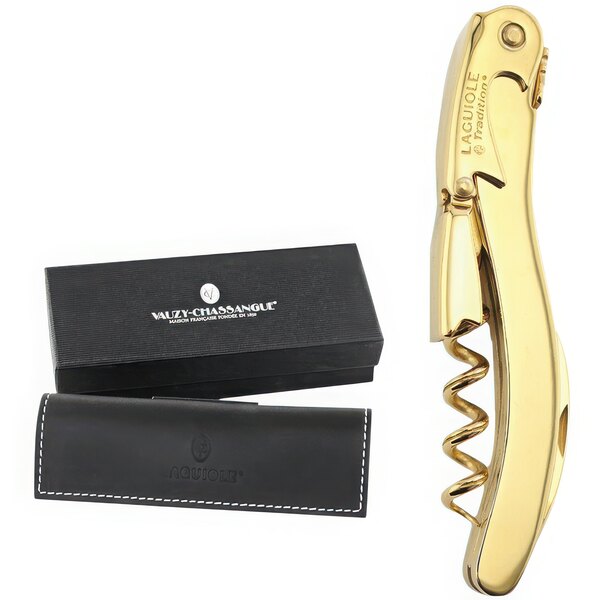 A gold Laguiole Tradition waiter's corkscrew in a black leather case.