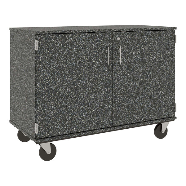 An I.D. Systems graphite mobile cubbie storage cart with locking doors and wheels.