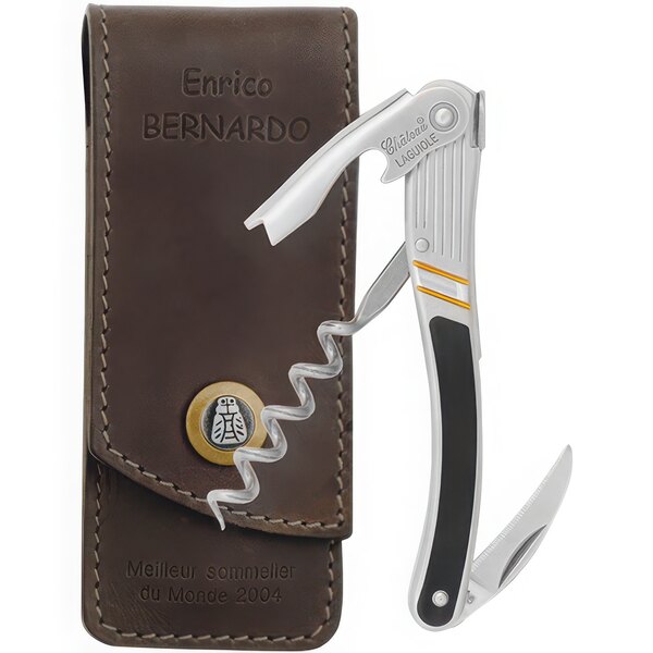 A Chateau Laguiole Enrico Bernardo Waiter's Corkscrew in a brown leather case.