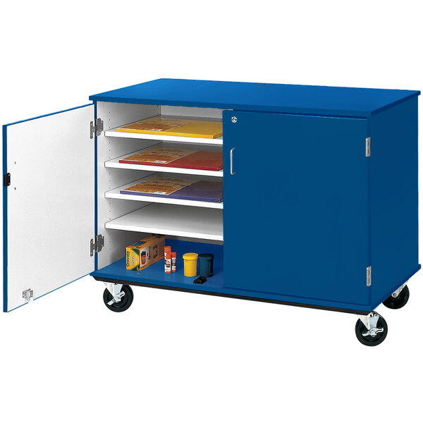 A royal blue I.D. Systems storage cart with shelves and a white door.