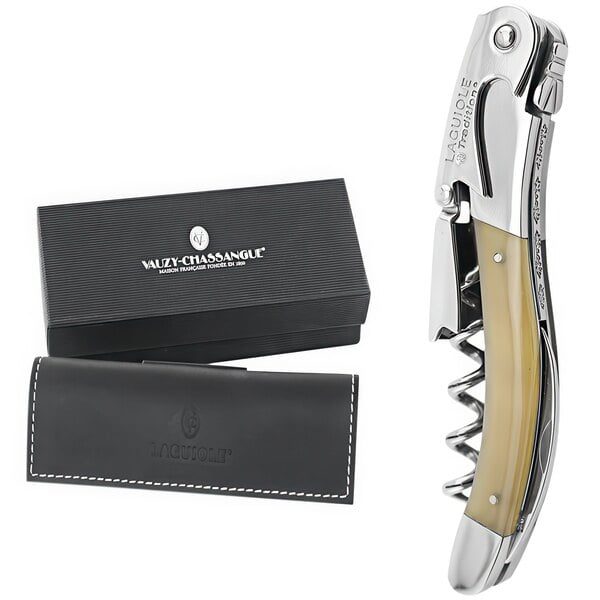 A Laguiole Tradition Brown Horn Waiter's Corkscrew with a leather case.