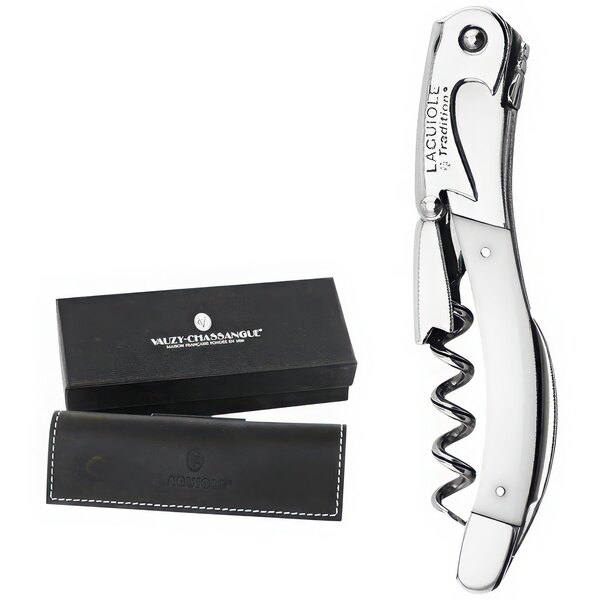 A white Laguiole Tradition waiter's corkscrew with a black case.