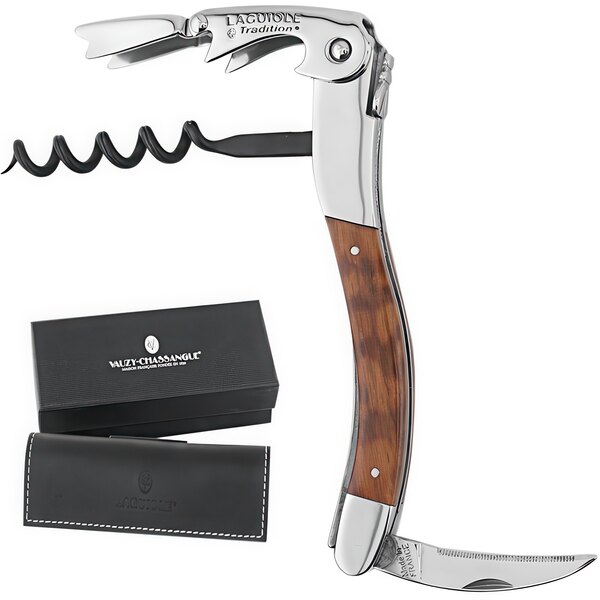 A Laguiole Tradition Amourette Wood Waiter's Corkscrew with a wooden handle.