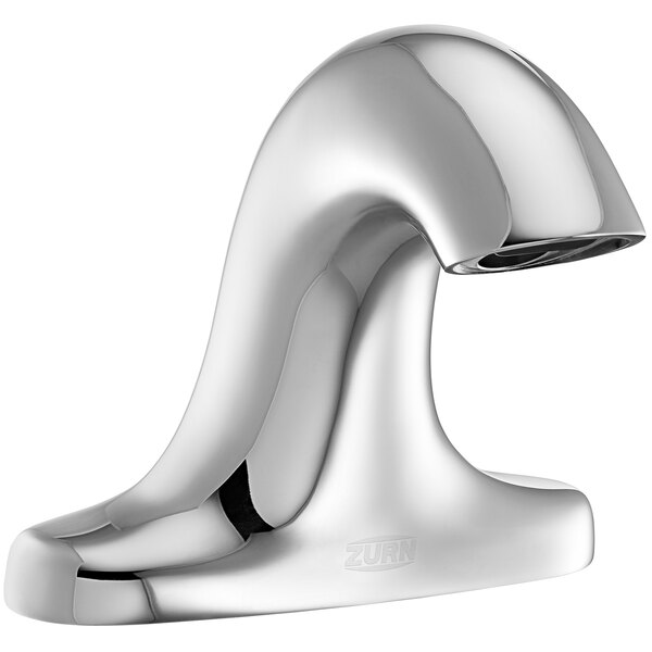 A Zurn Hydro-X deck mount electronic faucet with a chrome finish and a gooseneck spout on a white background.