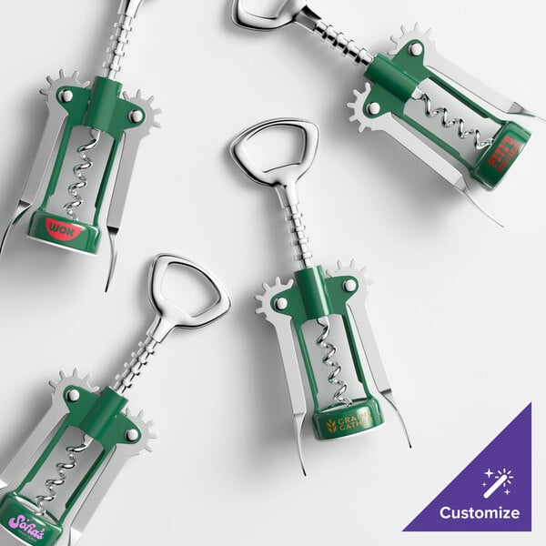 A set of dark green and silver wing corkscrews with customizable branding on the handles.