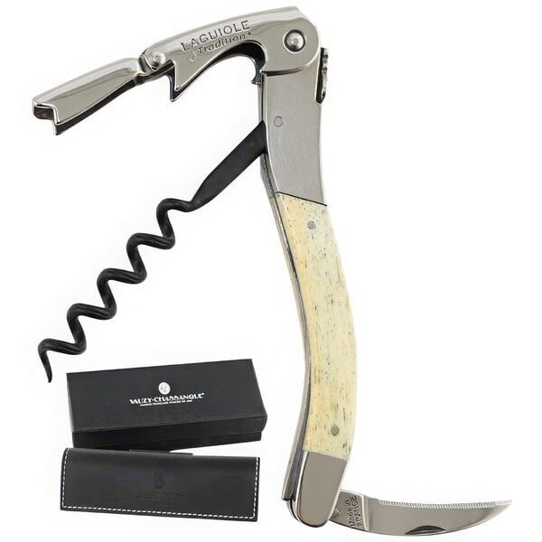 A Laguiole Tradition Mammoth Fossil Waiter's Corkscrew with a cork and a black case.