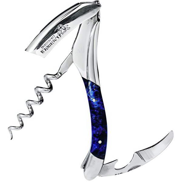 A Laguiole En Aubrac waiter's corkscrew with a blue sycamore wood handle and silver blade.