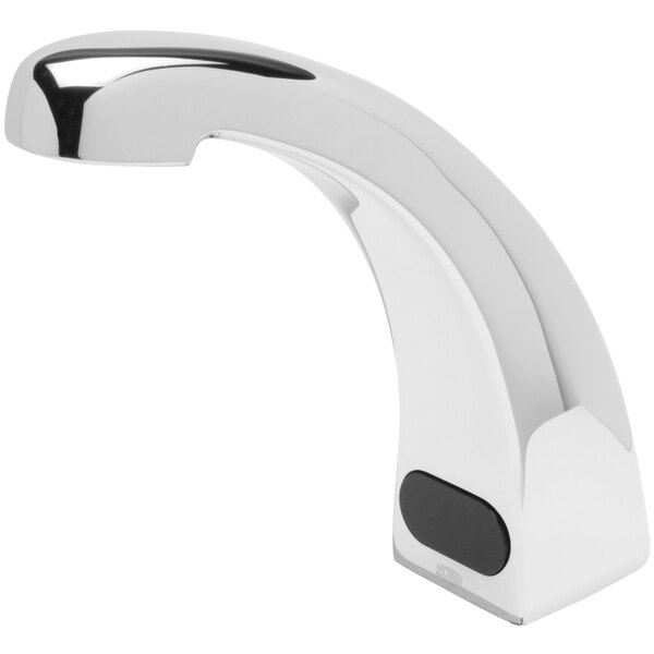 A silver Zurn AquaSense deck mount sensor faucet with a black button.