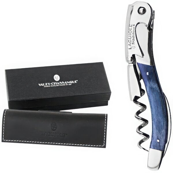 A Laguiole Tradition Blue Stamina Wood Waiter's Corkscrew in a black box with white text.