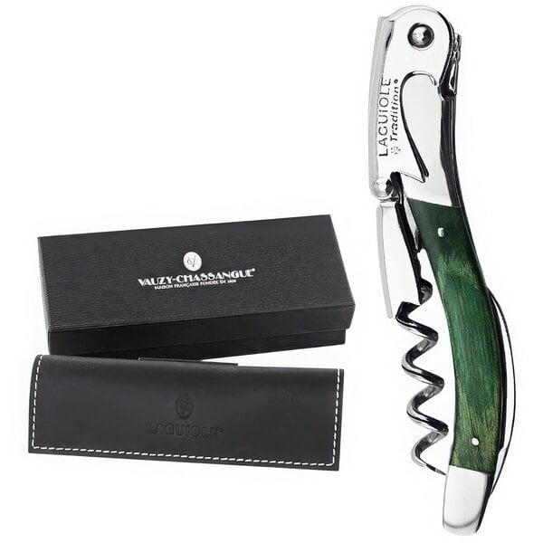 A Laguiole Tradition green stamina wood waiter's corkscrew with a black case.