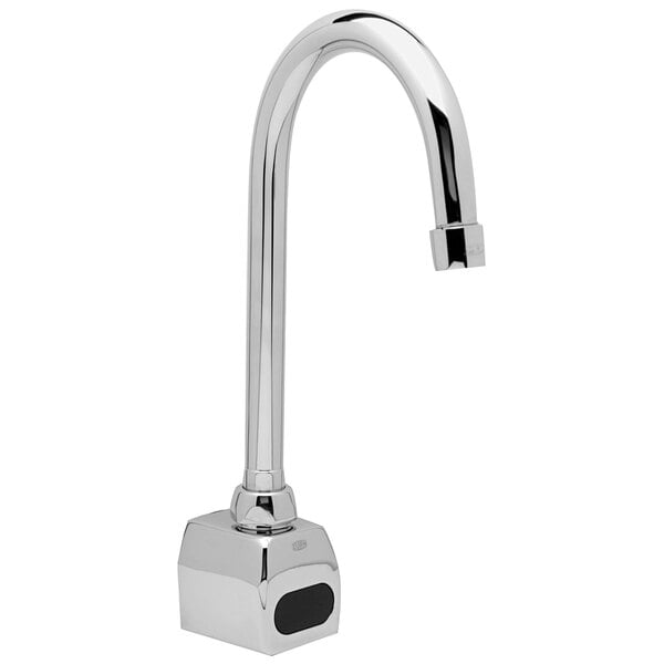 A silver Zurn AquaSense wall mount sensor faucet with a black button.