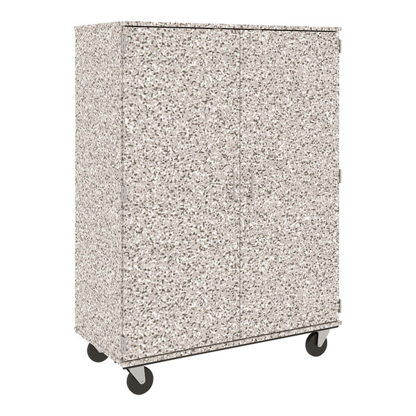 A close-up of a gray I.D. Systems cabinet with wheels.