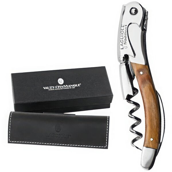 A Laguiole Tradition natural stamina wood waiter's corkscrew in a box with a case.