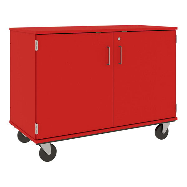 A red I.D. Systems storage cart with two locking doors and two drawers on wheels.