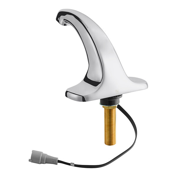 A Zurn silver and gold electronic faucet with a gold thread.