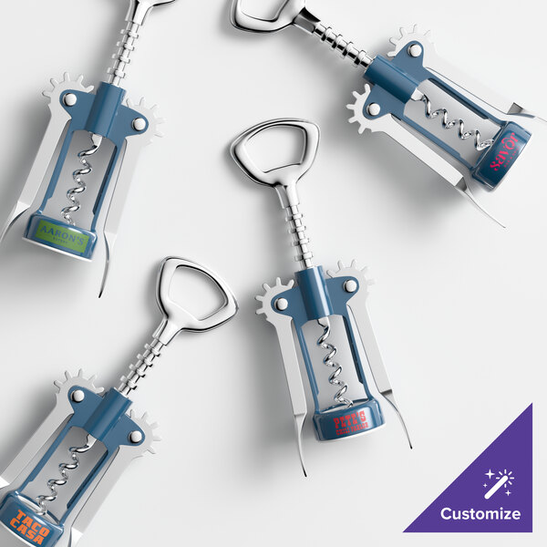 A set of customizable wing corkscrews with dark blue bodies and metallic handles and levers.