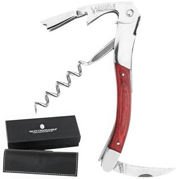 A Laguiole Tradition red stamina wood waiter's corkscrew with a red handle and black case.