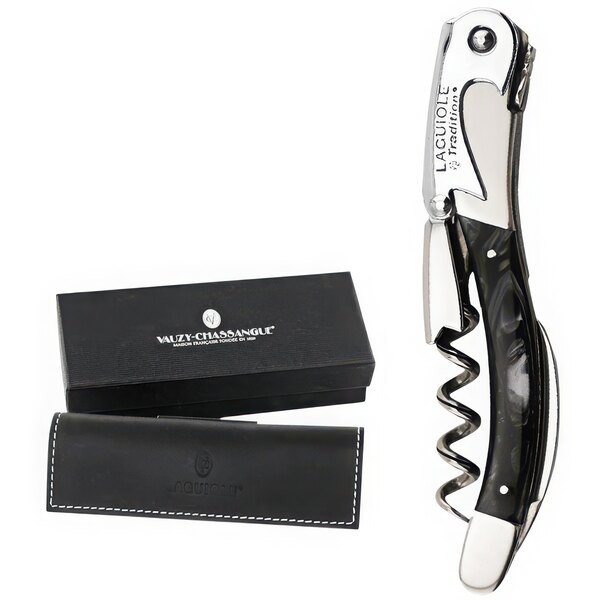 A black and white Laguiole Tradition wine opener in a box.