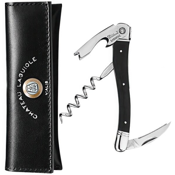 A black Chateau Laguiole waiter's corkscrew in a black leather case.
