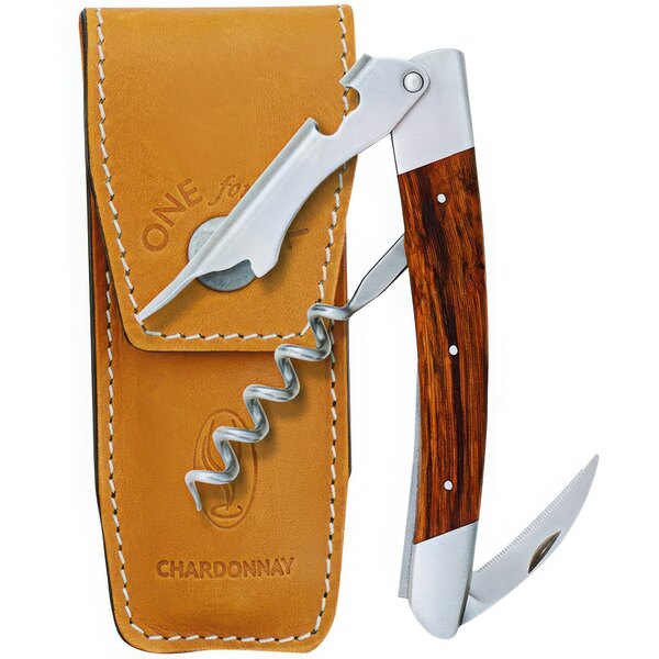 A Franmara La Vigne French waiter's corkscrew with a Chardonnay wood handle and a leather case.
