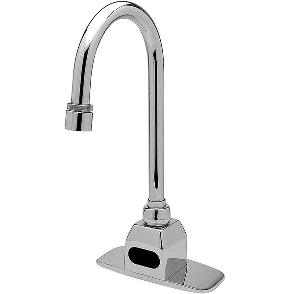 A close-up of a silver Zurn AquaSense deck mount sensor faucet with a gooseneck spout.