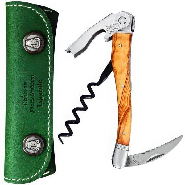 A Chateau Laguiole olivewood waiter's corkscrew and green leather case.