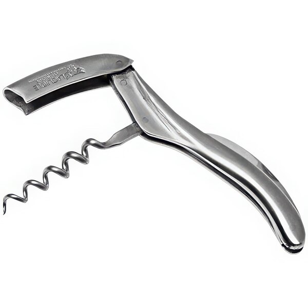 A Laguiole En Aubrac stainless steel waiter's corkscrew with a brushed finish and a knife attached.