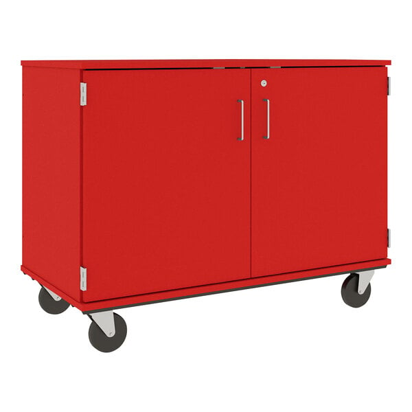 A red I.D. Systems storage cart with locking doors and drawers on wheels.