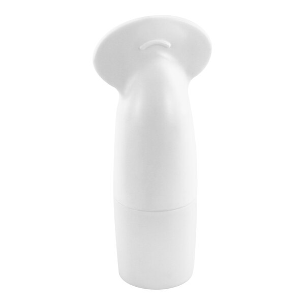 A white, ergonomically shaped object with a rounded top and cylindrical base, photographed against a plain background.