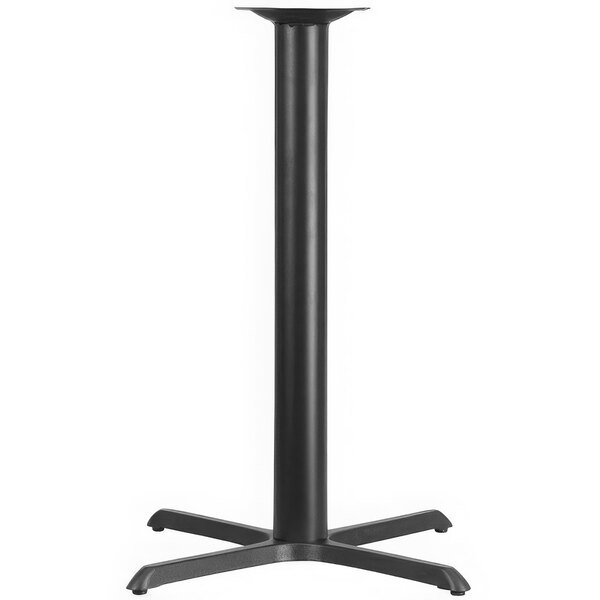 A black metal bar height table base with a cylindrical column and four legs.