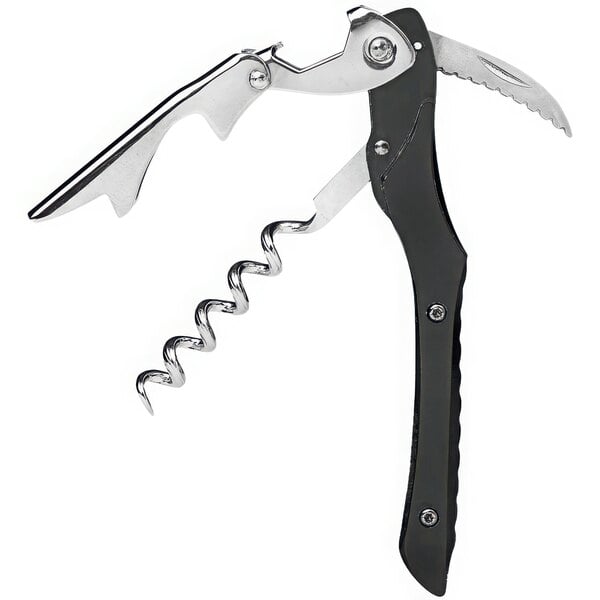 A Franmara Castello waiter's corkscrew with a black and silver aluminum handle and knife in a silver gift box.