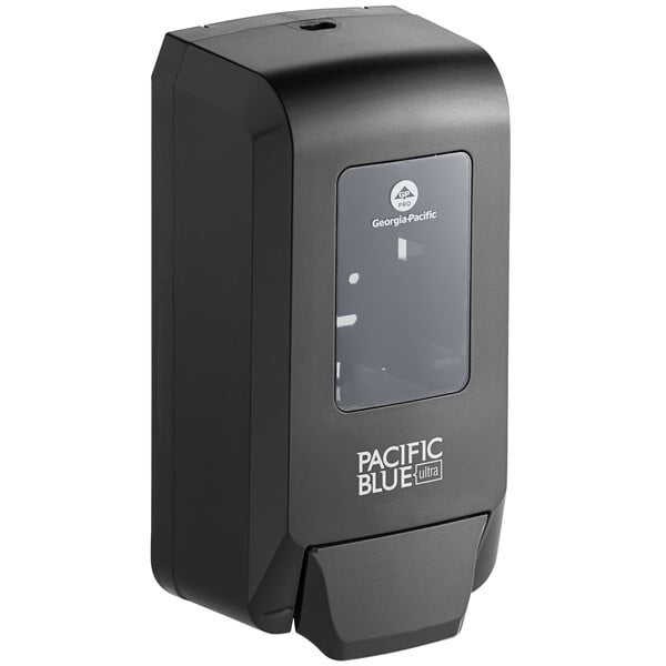 A black Pacific Blue soap and sanitizer dispenser with a clear window.