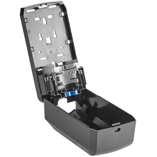 A black plastic box with a blue and white lid.